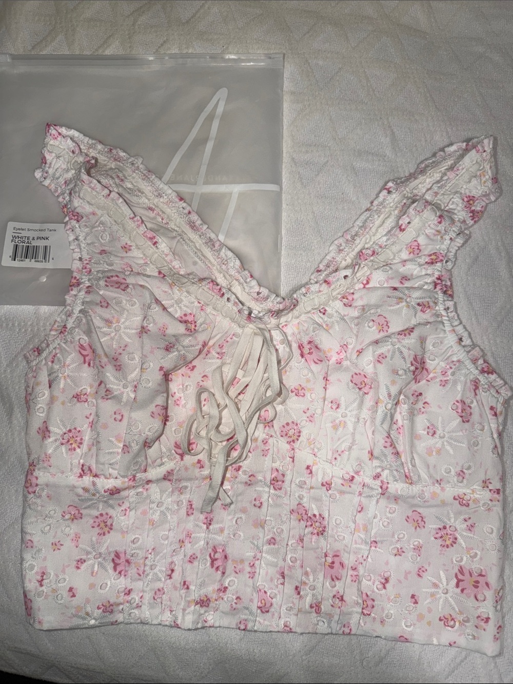 Alexander Jane White Floral Eyelet Lace-Up Crop Top - Pink Floral